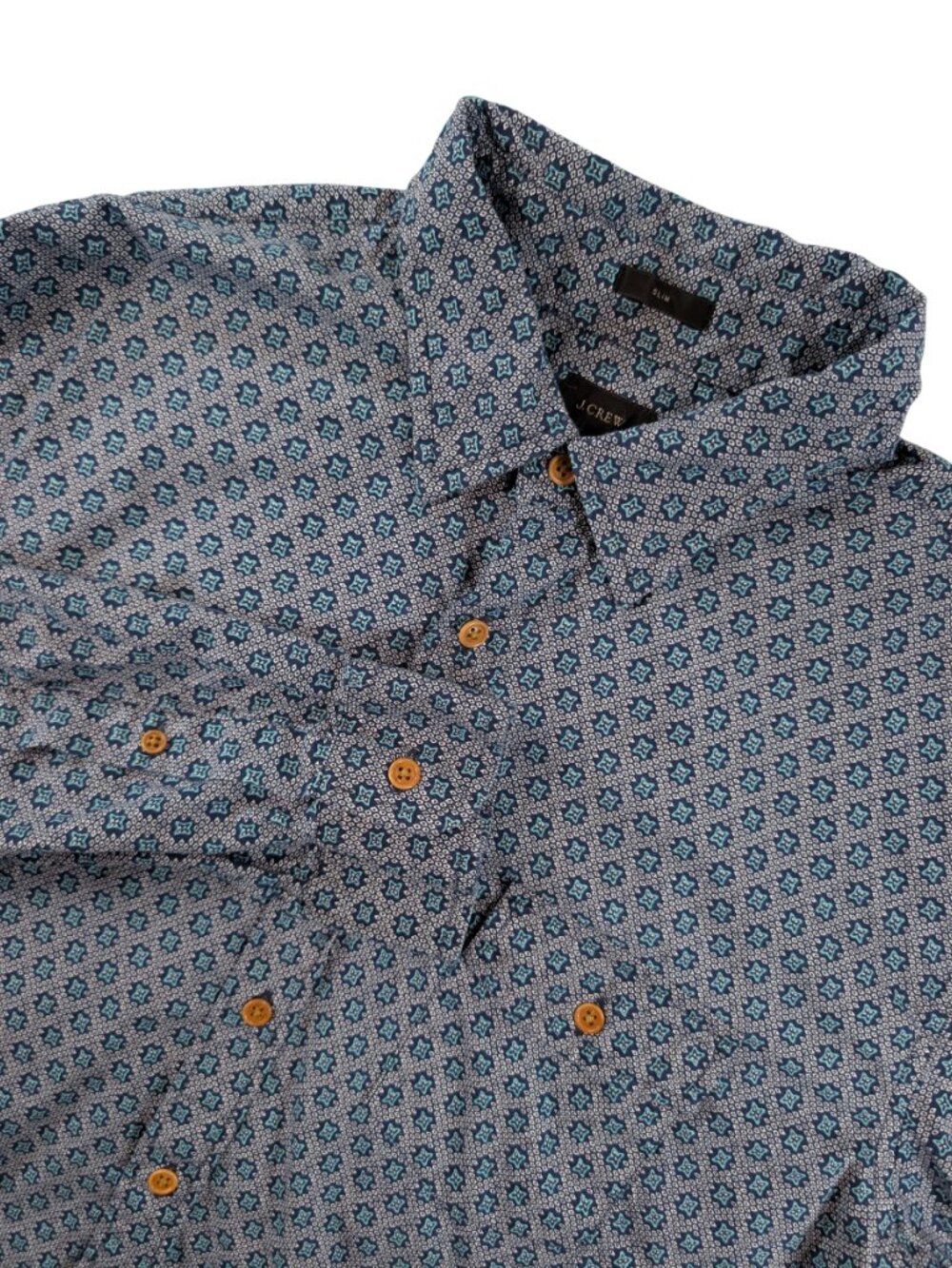 J Crew Slim Fit Geometric Print Blue Cotton Button Down Shirt Men Large